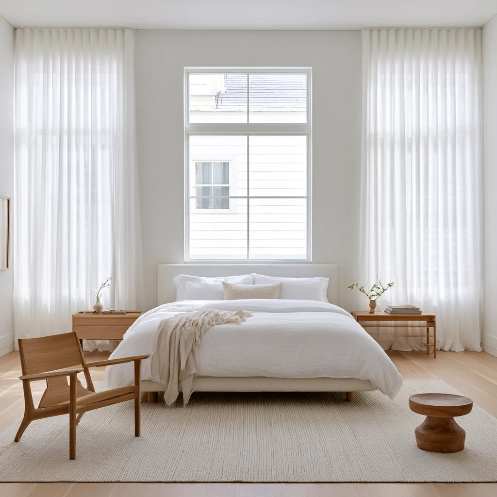 Modern window covering ideas featuring soft sheer panels in a Nordic style room