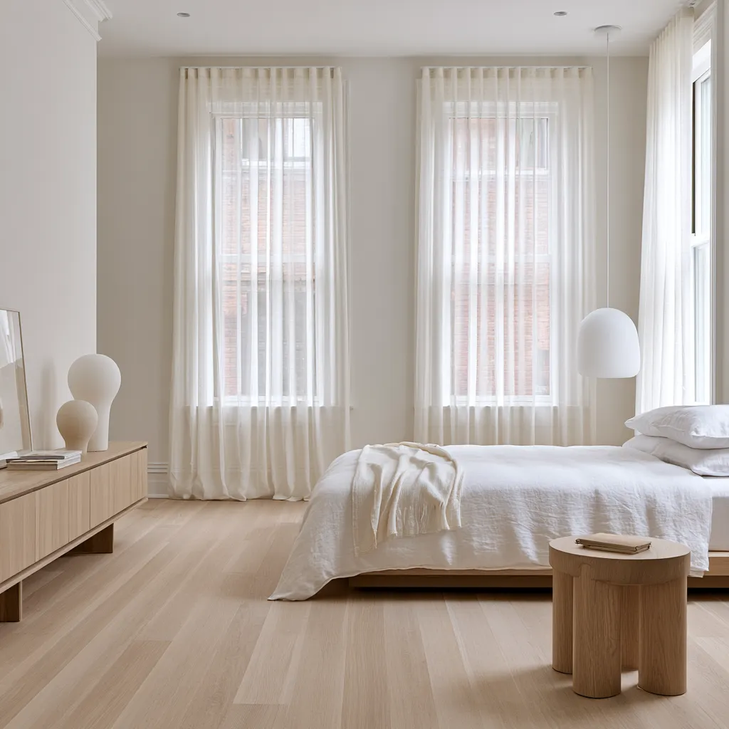 Contemporary home window treatments in white for a clean Scandinavian bedroom aesthetic