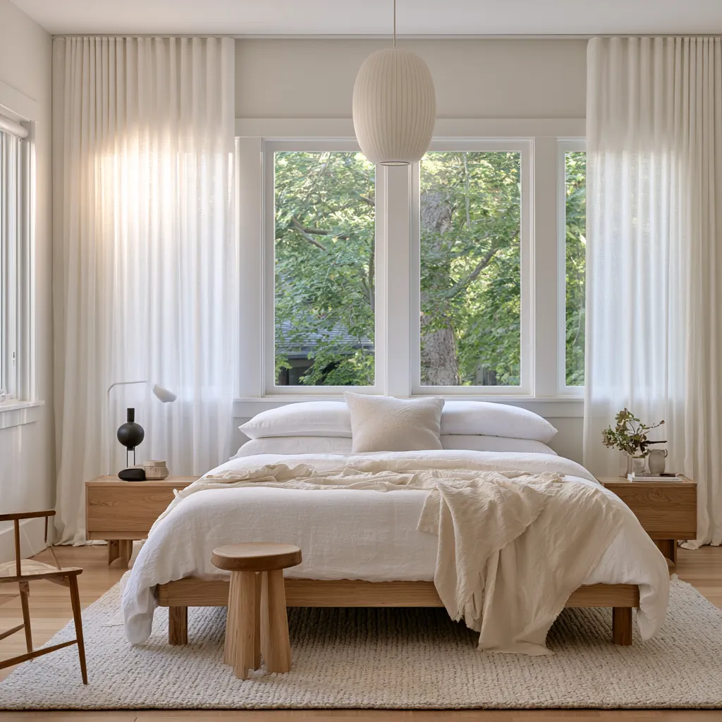 Minimalist window treatments in a Scandinavian bedroom with white sheer linen curtains