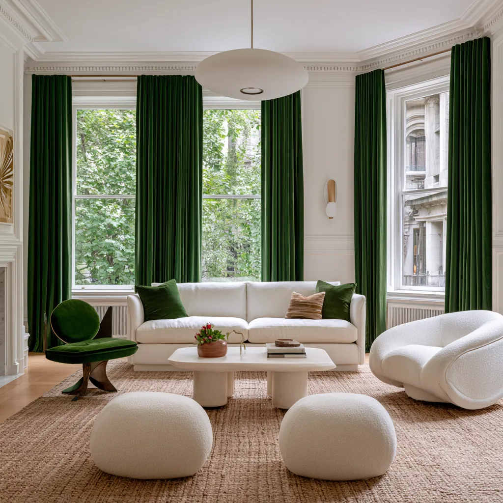 Stylish window dressing for living rooms with rich fabric curtains and natural light