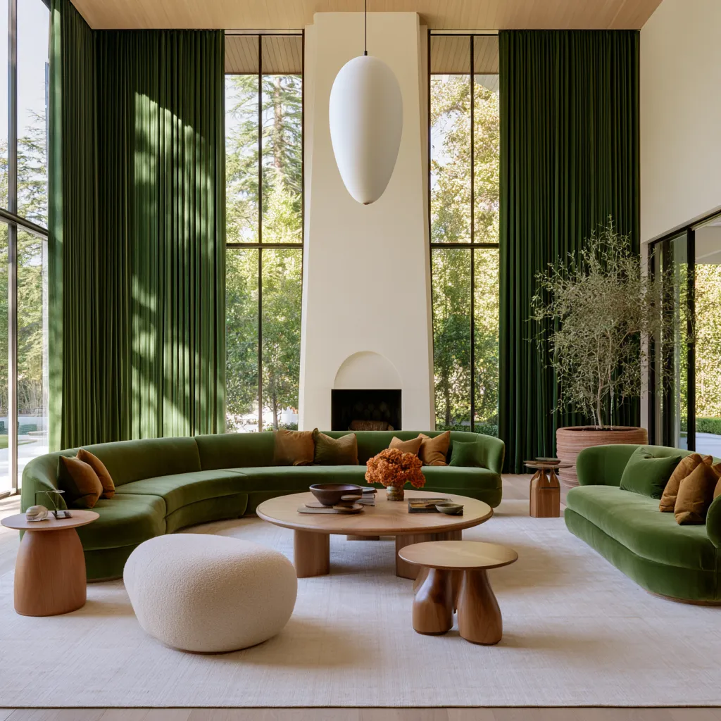 Living room window treatment ideas with floor-length green velvet curtains