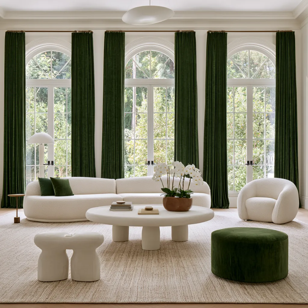 Bold window coverings in a contemporary living space with dramatic drapes