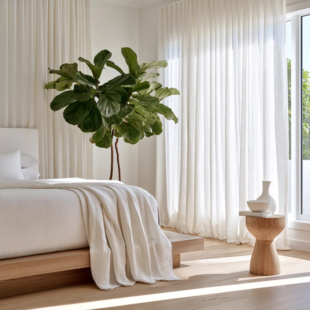 Professional window treatment installation with layered fabric panels in a soft neutral bedroom