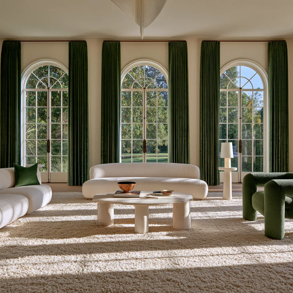 Elegant home window treatment design in green velvet for a modern interior