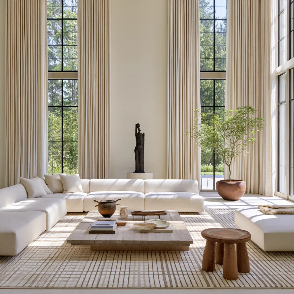 Elegant window treatments in a bright modern living room with natural linen panels