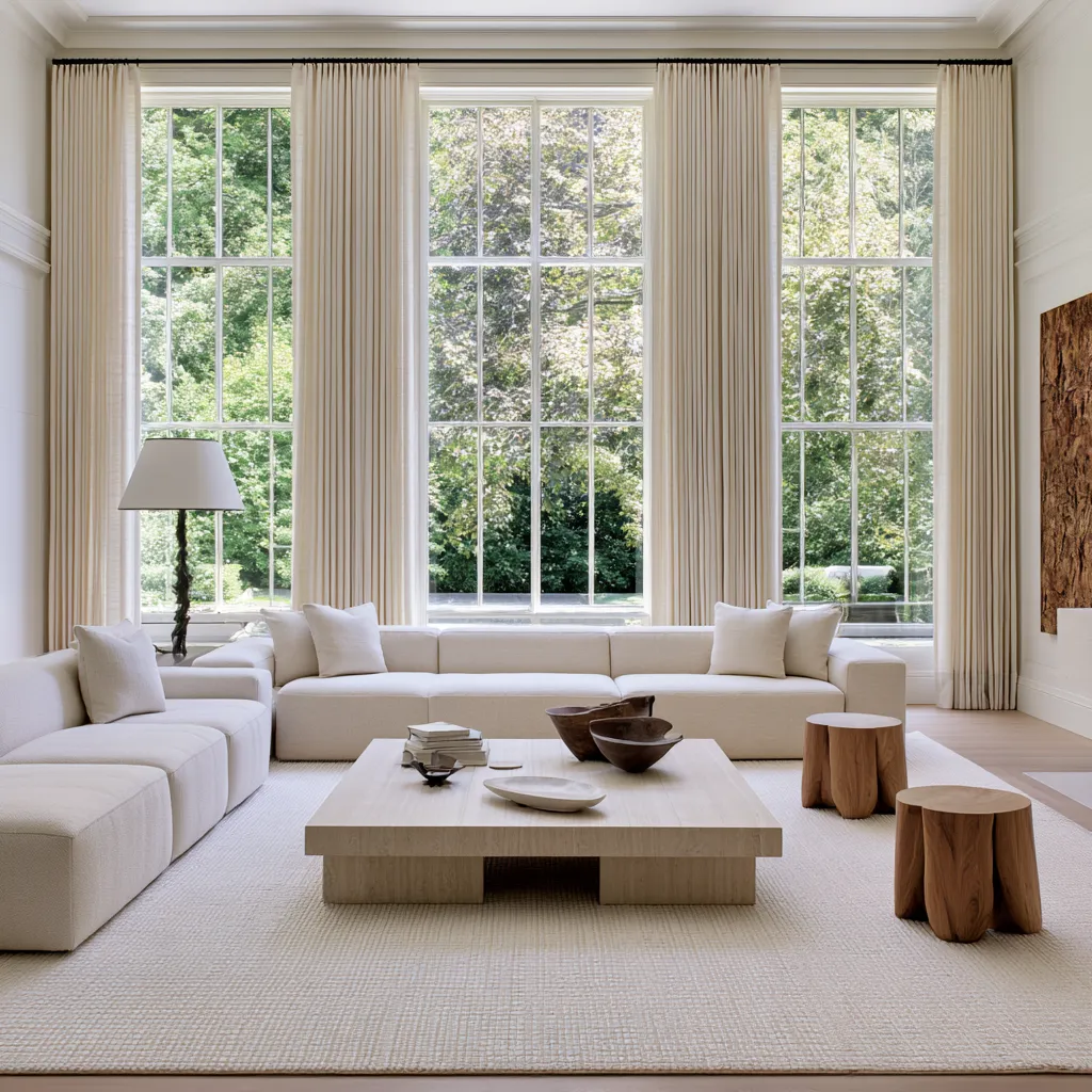 Interior design window covering ideas featuring floor-length ivory curtains and natural light