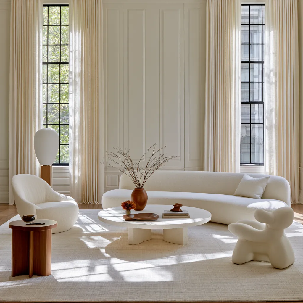 Stylish home window treatment in a sun-lit editorial living room space