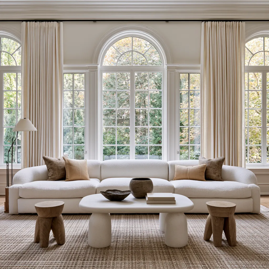 Modern window dressing ideas with sheer linen drapes and architectural detail