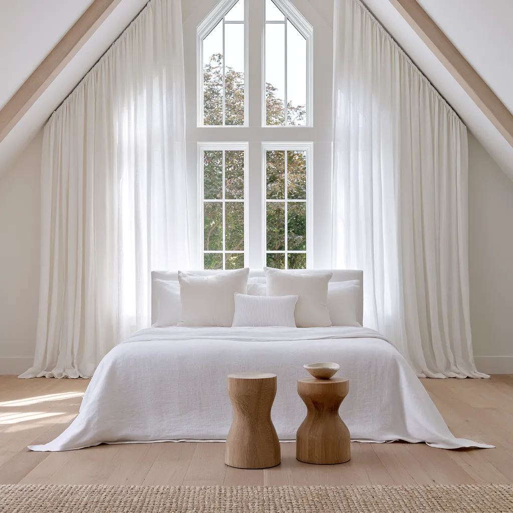 Layered bedroom window treatments with sheer inner curtain and linen outer drape