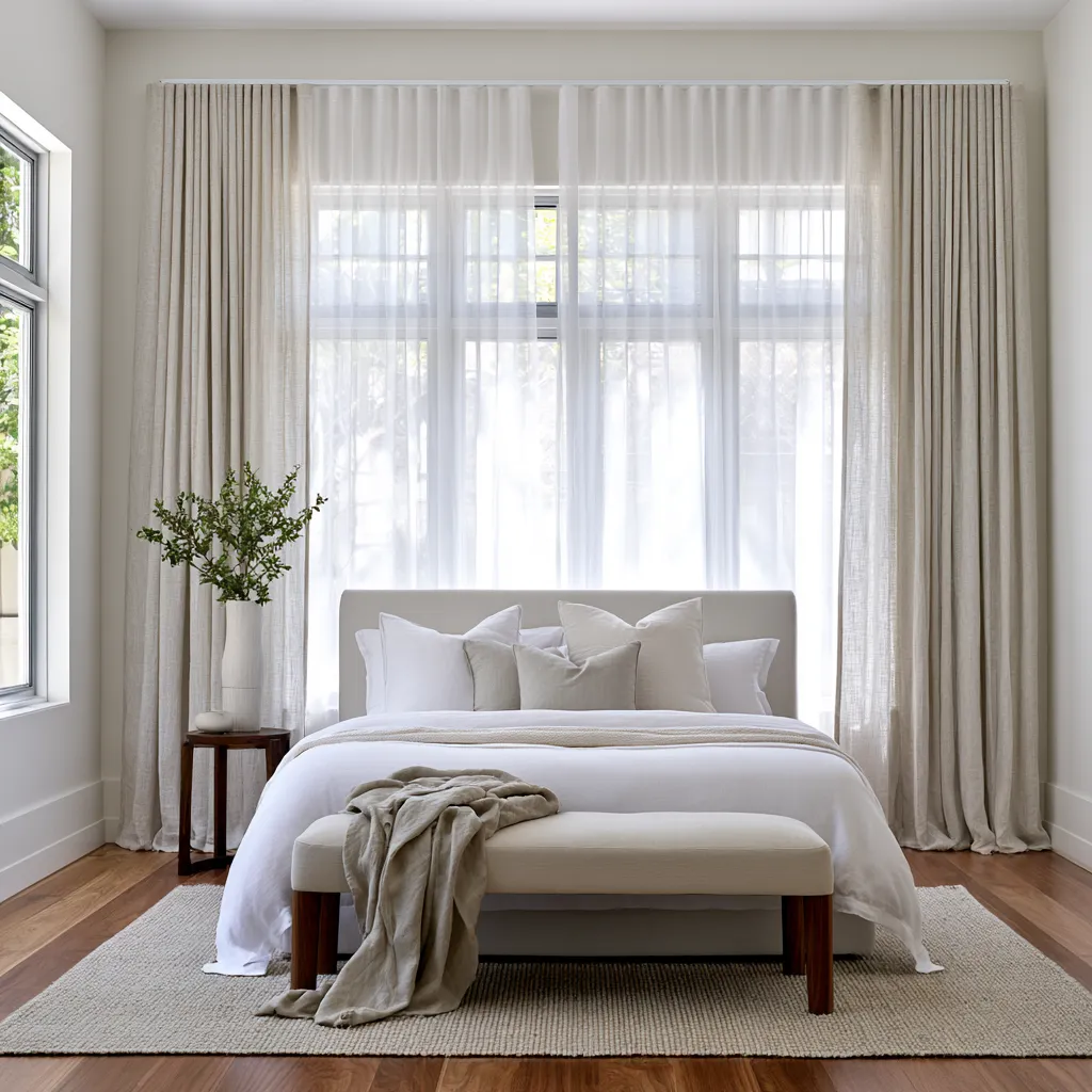 Window covering ideas for bedrooms featuring dual-layer curtain installation in white linen