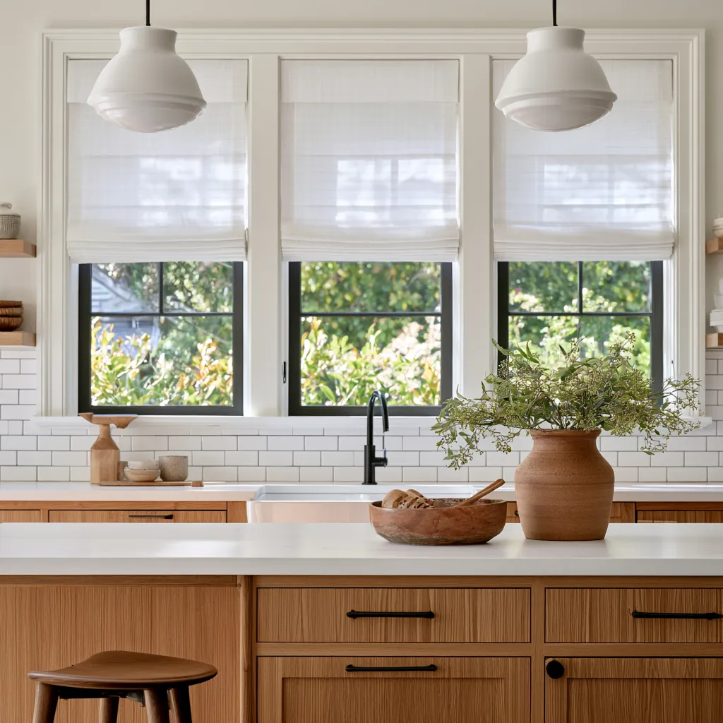 Kitchen window treatment ideas with white Roman shade and farmhouse wooden accents