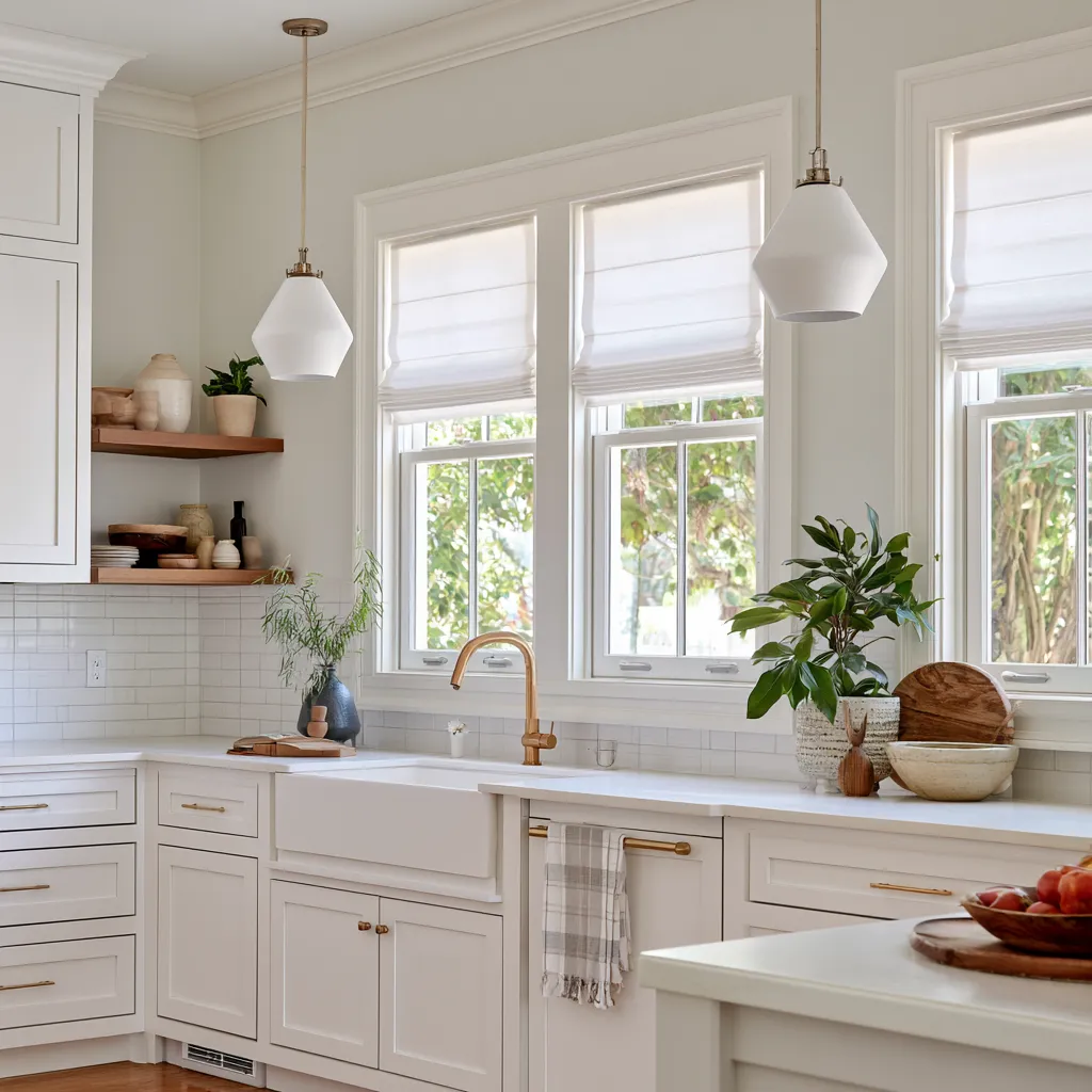 Modern window covering in a bright white kitchen with natural light Roman shades