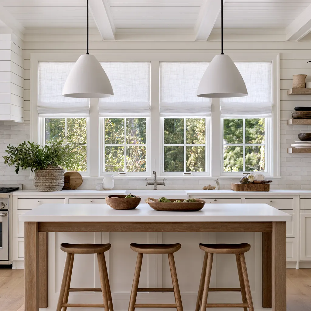 Practical window dressing for kitchens featuring a clean roller shade design