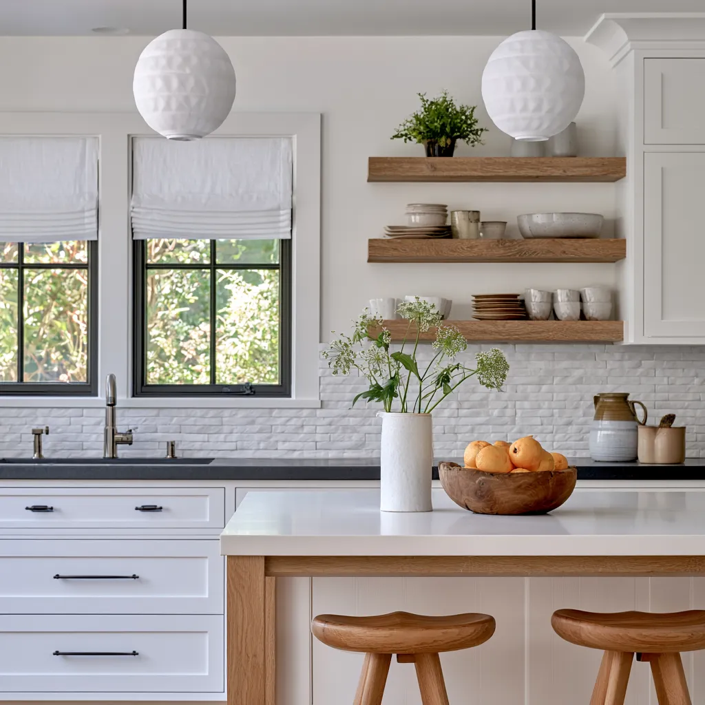 Window treatments for kitchen interiors in white fabric with minimalist style
