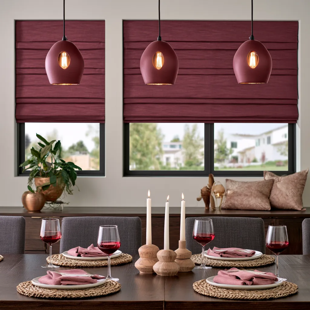 Dining room window treatment ideas with burgundy Roman shade and warm candlelit ambiance