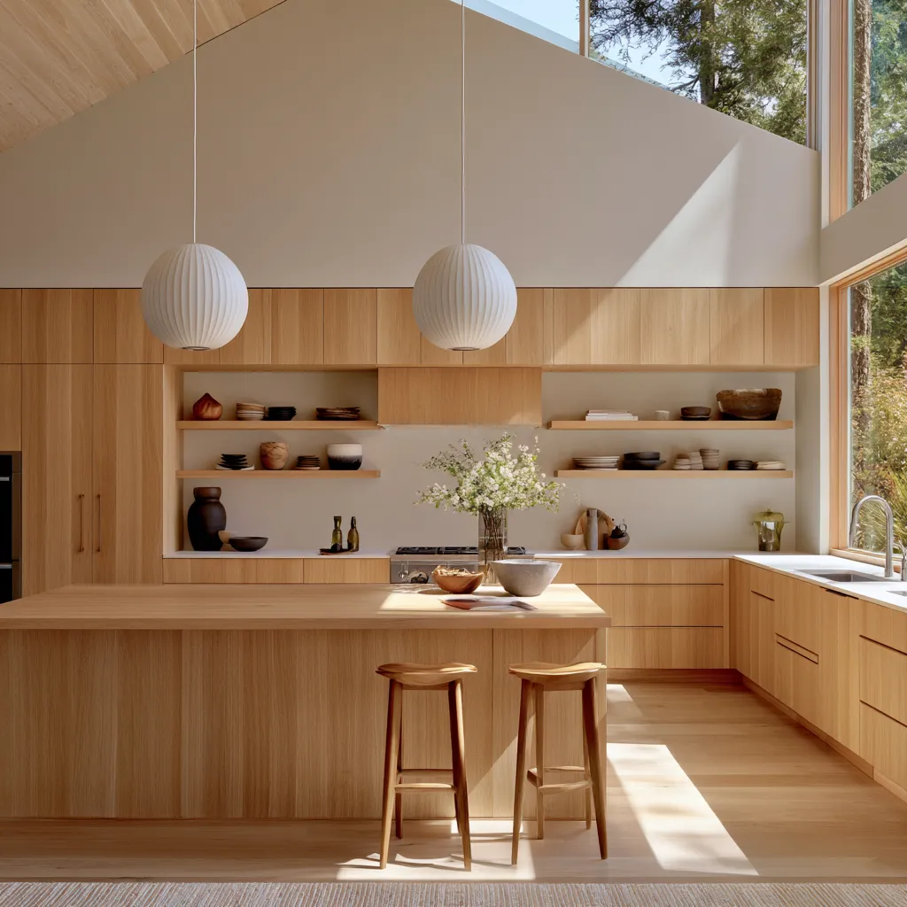 Bright modern kitchen featuring wood cabinet fronts and a timber island top in editorial light