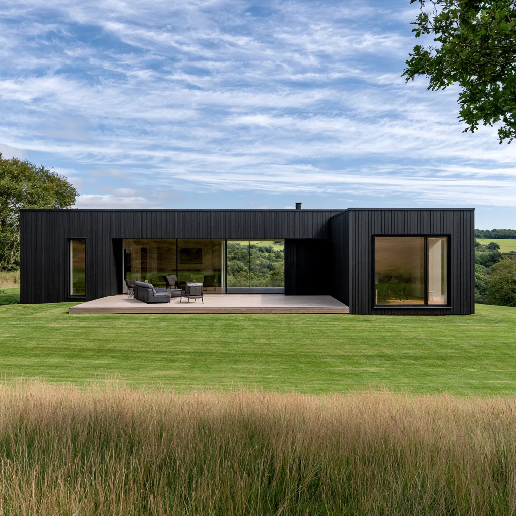 Architectural photograph of a contemporary house with charred wood facade panels and clean geometric form