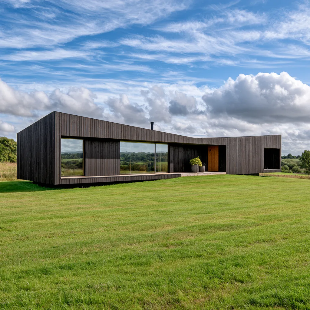 Exterior view of a low-profile home clad in dark horizontal wood boards, illustrating wood in modern architecture