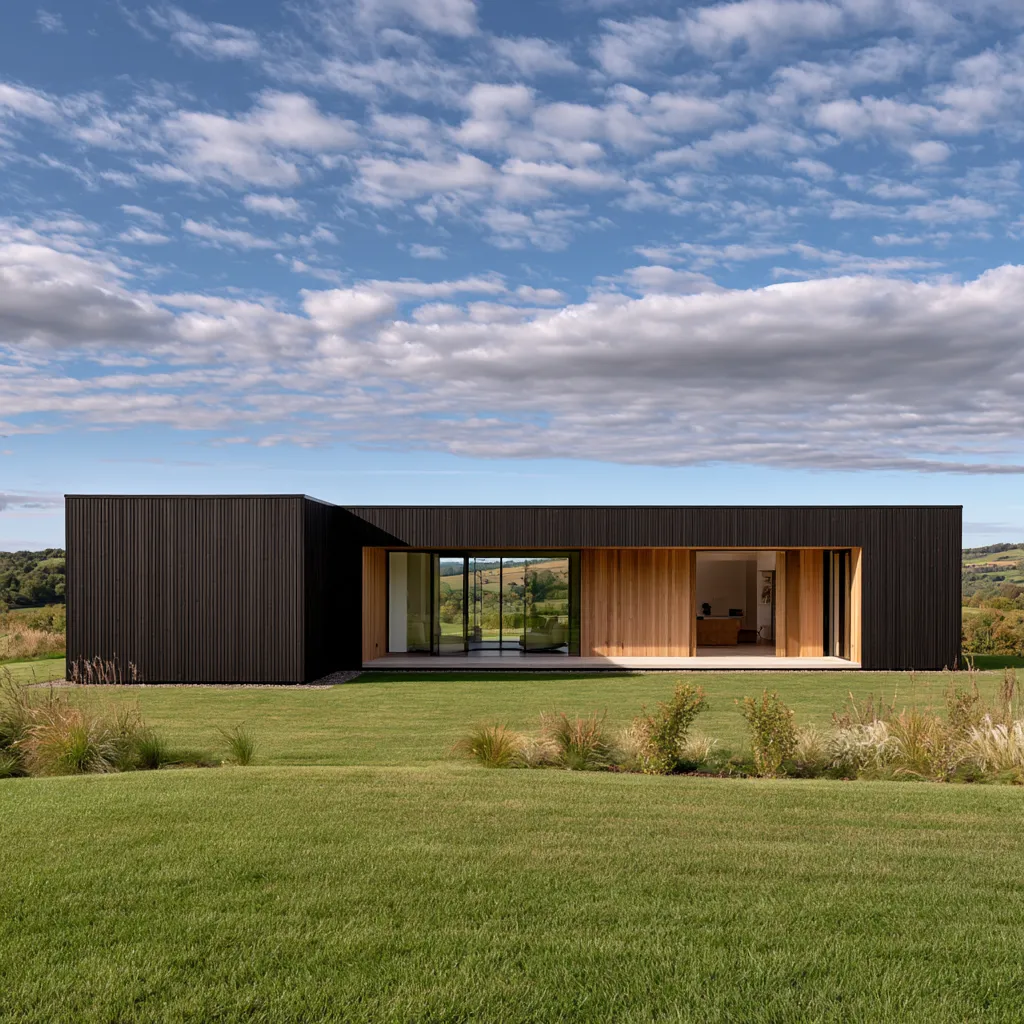 Editorial-style image of a wood-clad residential facade in a natural setting, highlighting grain and weathering character