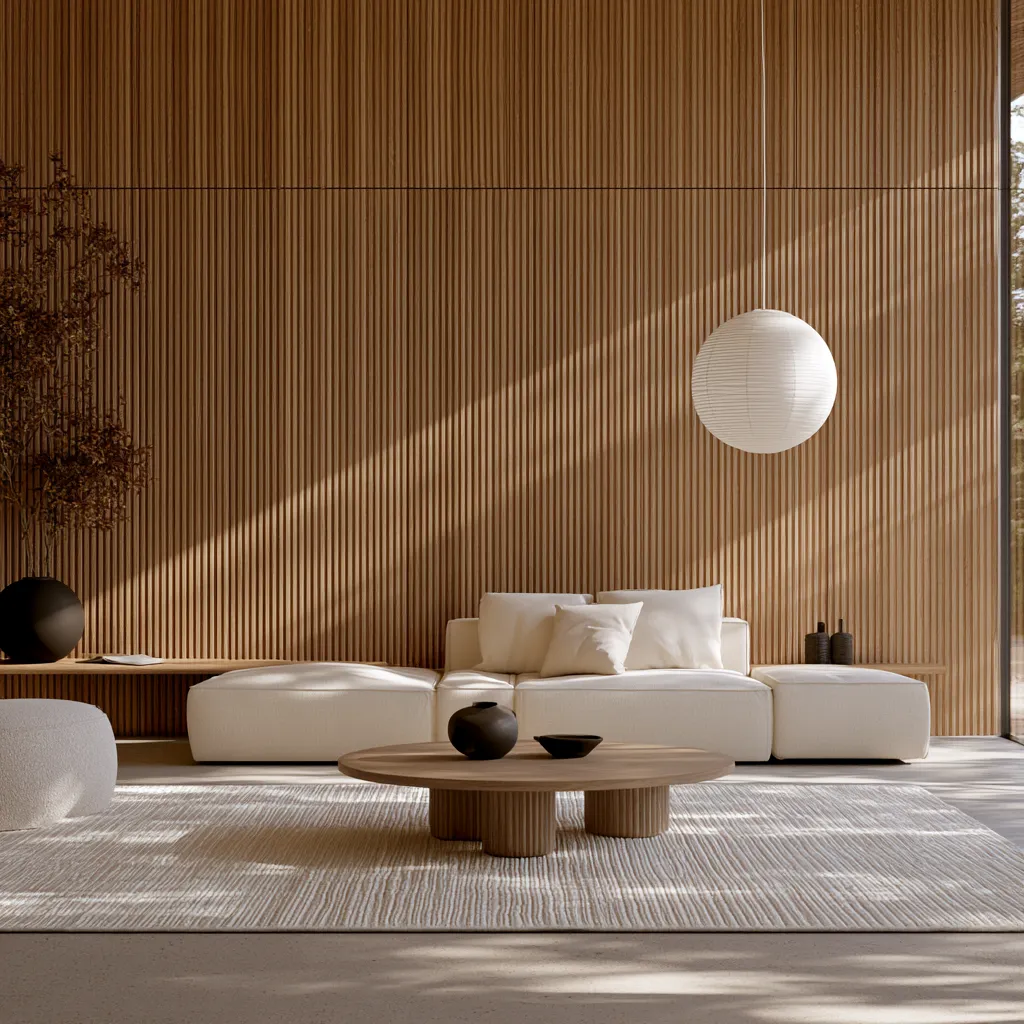 Architectural detail of a wood-paneled room interior with diffused natural light and visible grain texture
