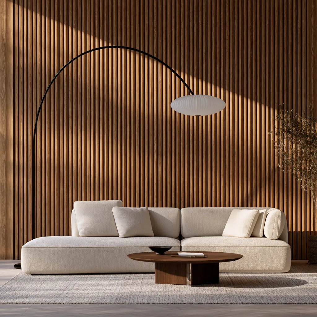 Fluted oak wall panels in a bright modern living room — wood in interior design at its most tactile