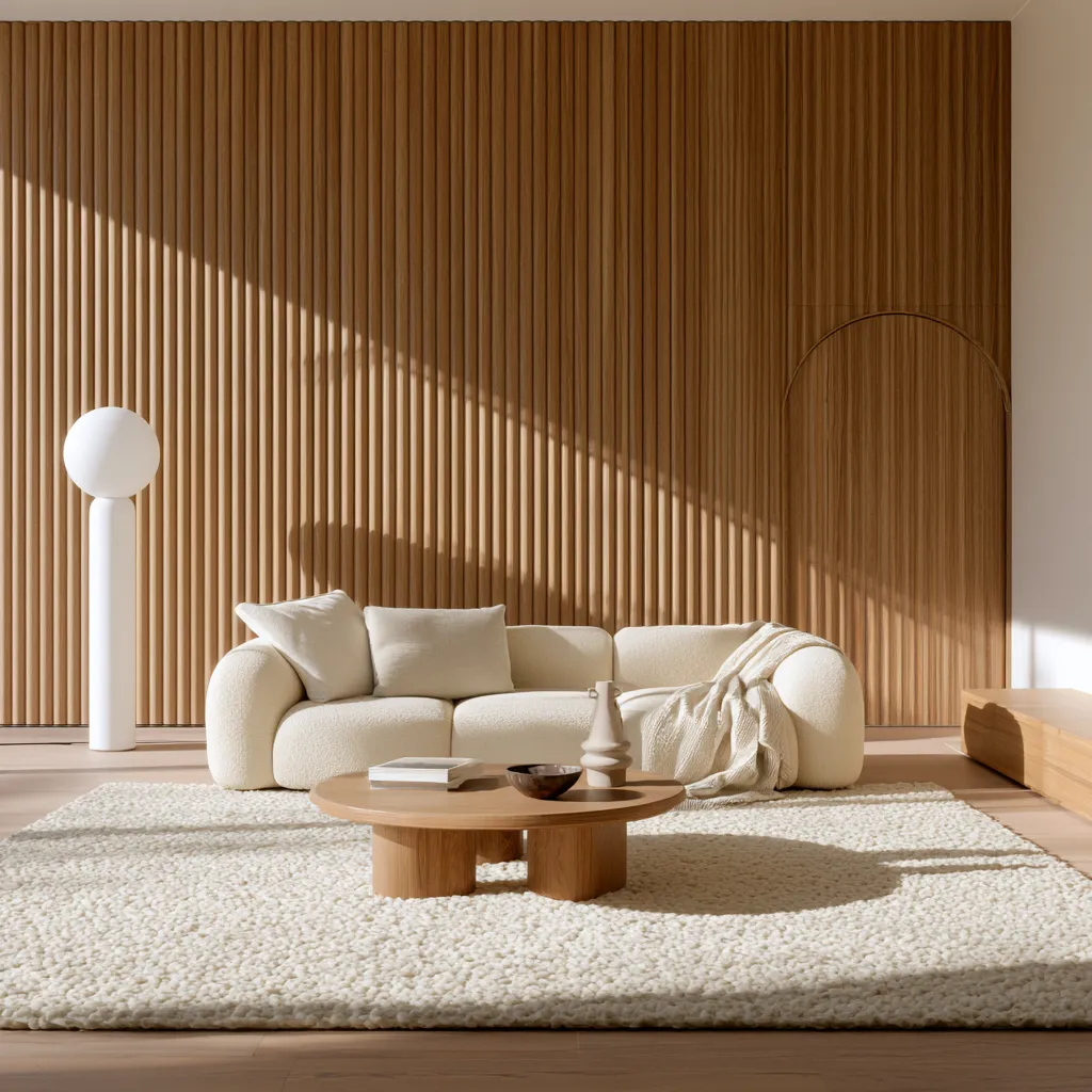 Warm-grain wood paneling covering a full accent wall, showcasing contemporary wood wall design ideas