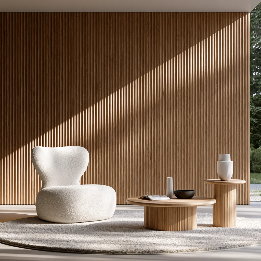 Editorial interior photograph of a natural wood feature wall with structured vertical grooves