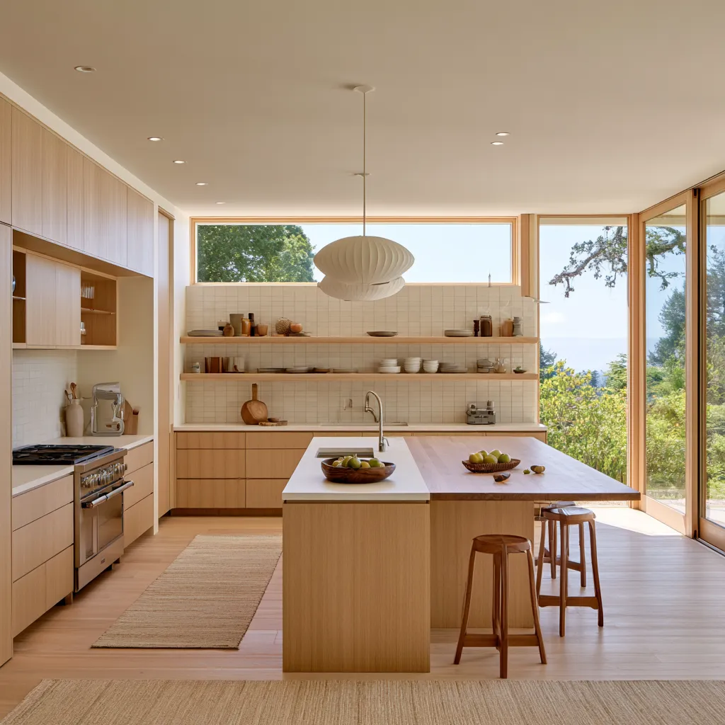 Open-plan kitchen with natural wood cabinetry, showcasing organic kitchen wood design principles