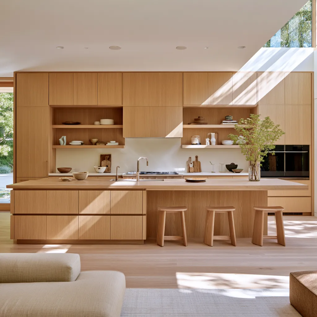 Architectural interior of a contemporary kitchen built around warm-toned wood surfaces and open shelves