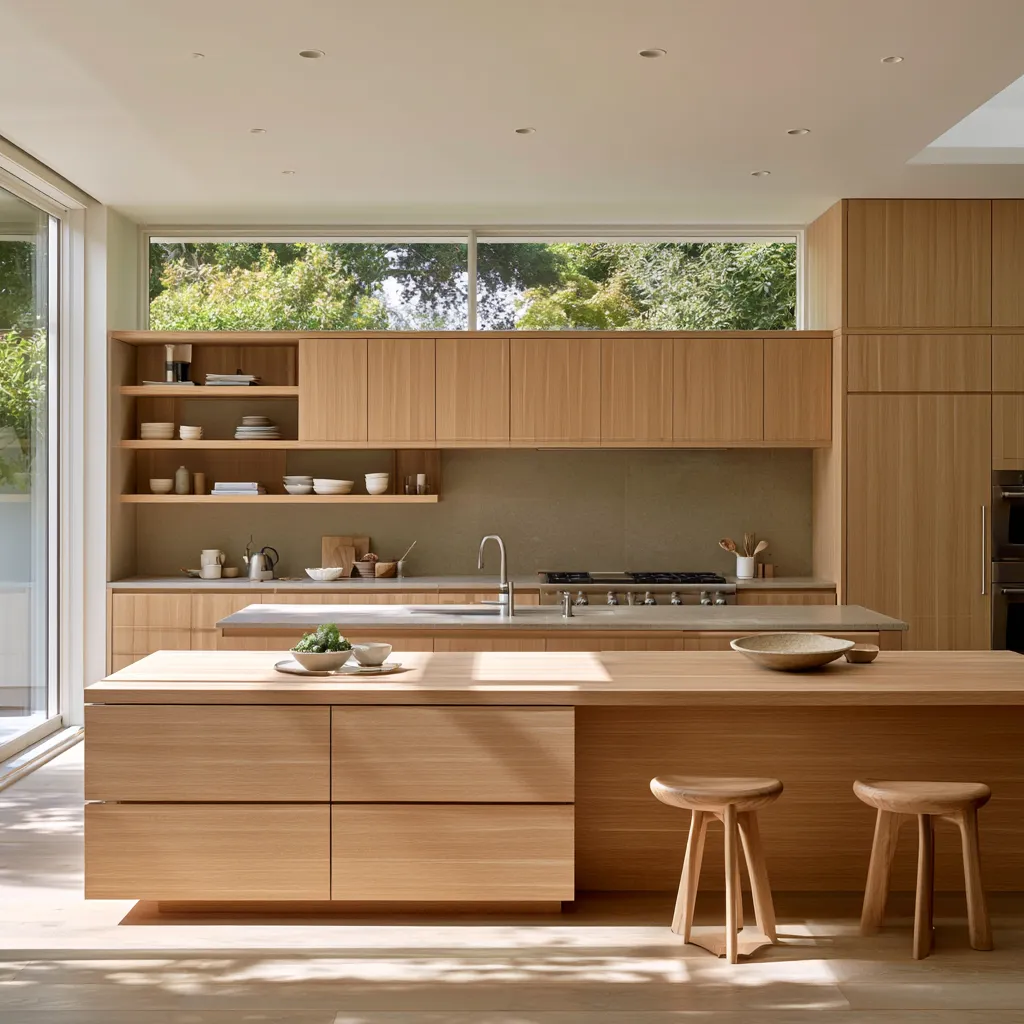 Warm white oak flat-panel kitchen cabinets with open shelving — a leading wood in kitchen design trend