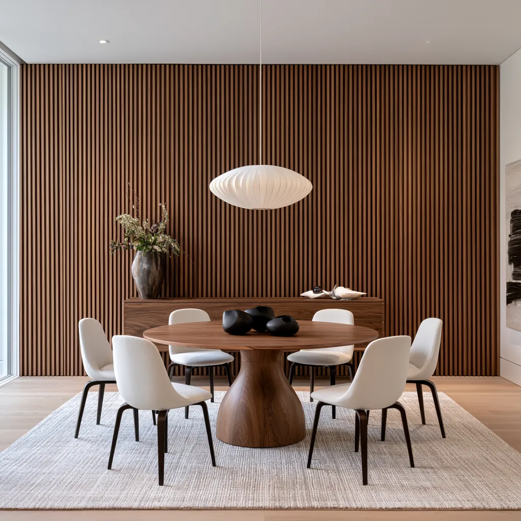 Close-up architectural detail of horizontal wood slats on an accent wall with soft ambient lighting