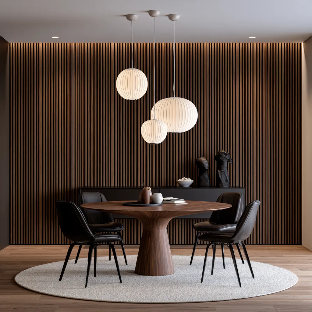 Interior view of a wood-clad dining room wall showing grain variation across horizontal panel runs