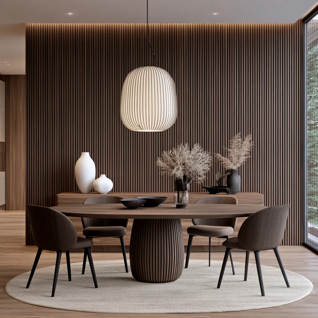 Horizontal walnut slat wall panels in a modern dining room — a signature wood wall design in interior spaces