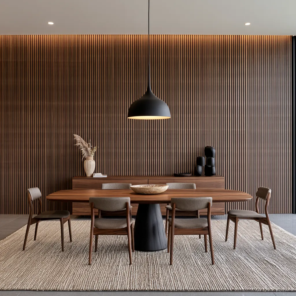 Warm wood slat feature wall photographed in editorial style, illustrating contemporary wood paneling ideas