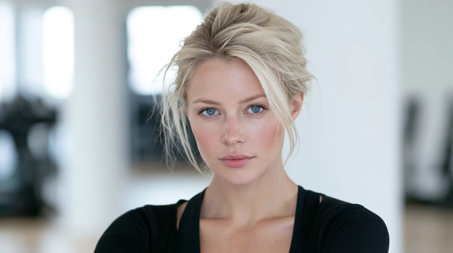 Gym hairstyle for fine hair that leaves no dents, low bun editorial portrait