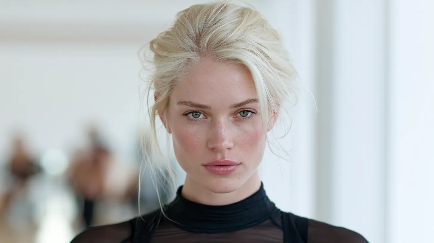 Workout hairstyle for fine thin hair without creases, platinum blonde editorial