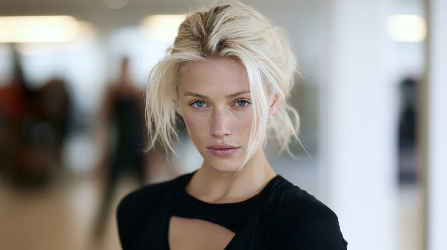 Fine hair workout low bun style that doesn't leave dents, bright gym setting