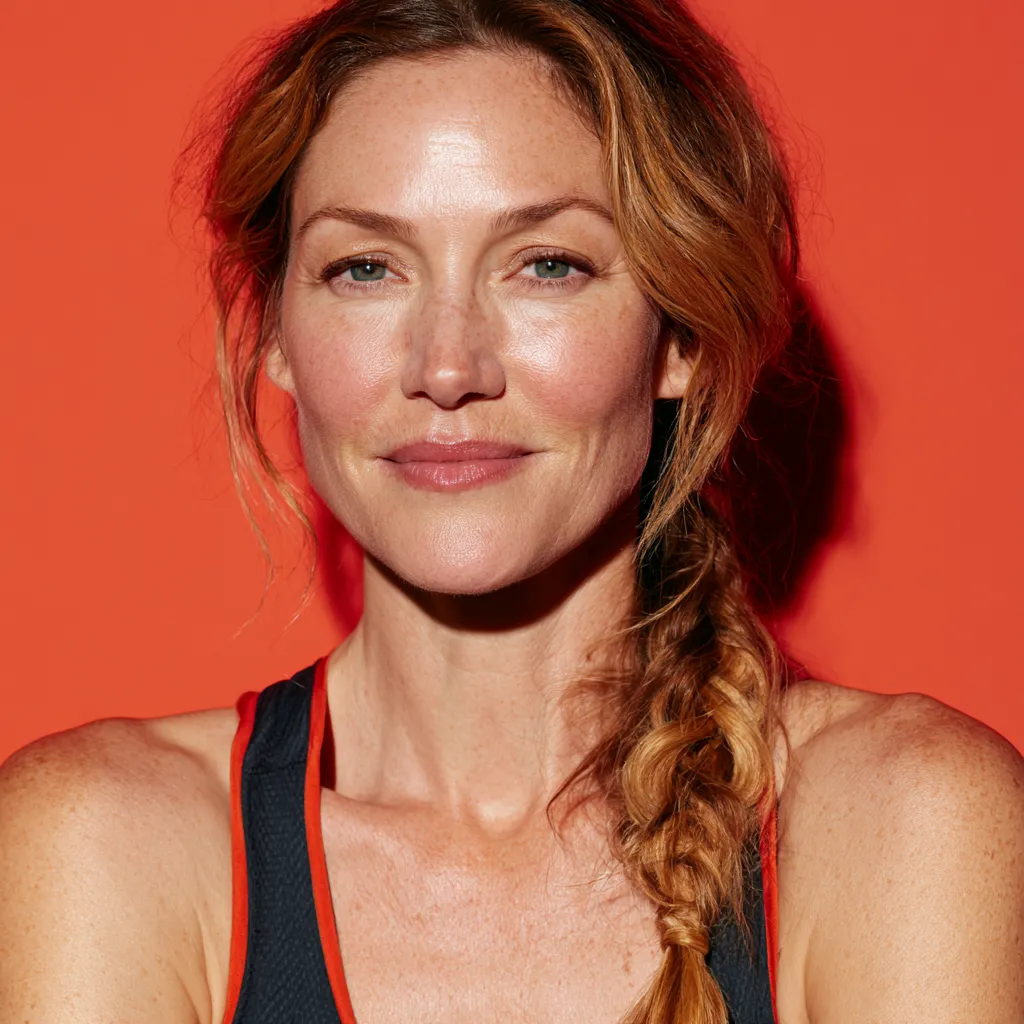 Fine copper highlighted hair in loose French braid workout hairstyle, no dents or creases