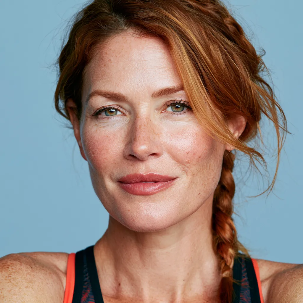 Gym French braid hairstyle for fine thin hair that prevents creases, copper hair editorial