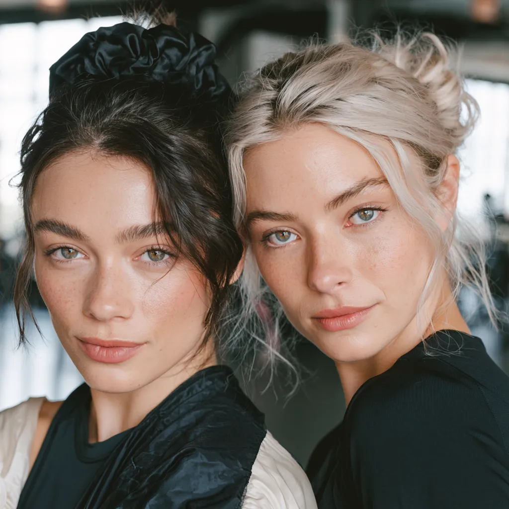 Fine thin hair exercise hairstyles with no elastic dents, brunette and blonde side by side