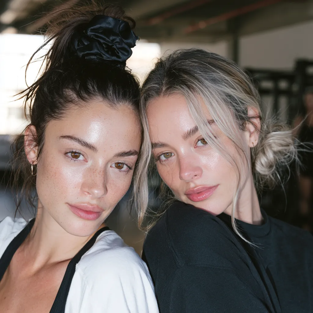 Gym hairstyles for fine hair without creases, silk scrunchie and low bun comparison portrait