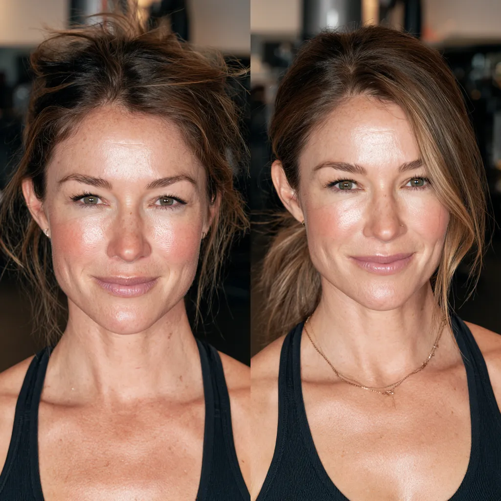 How to avoid hair dents in fine hair during workout, before after ponytail comparison