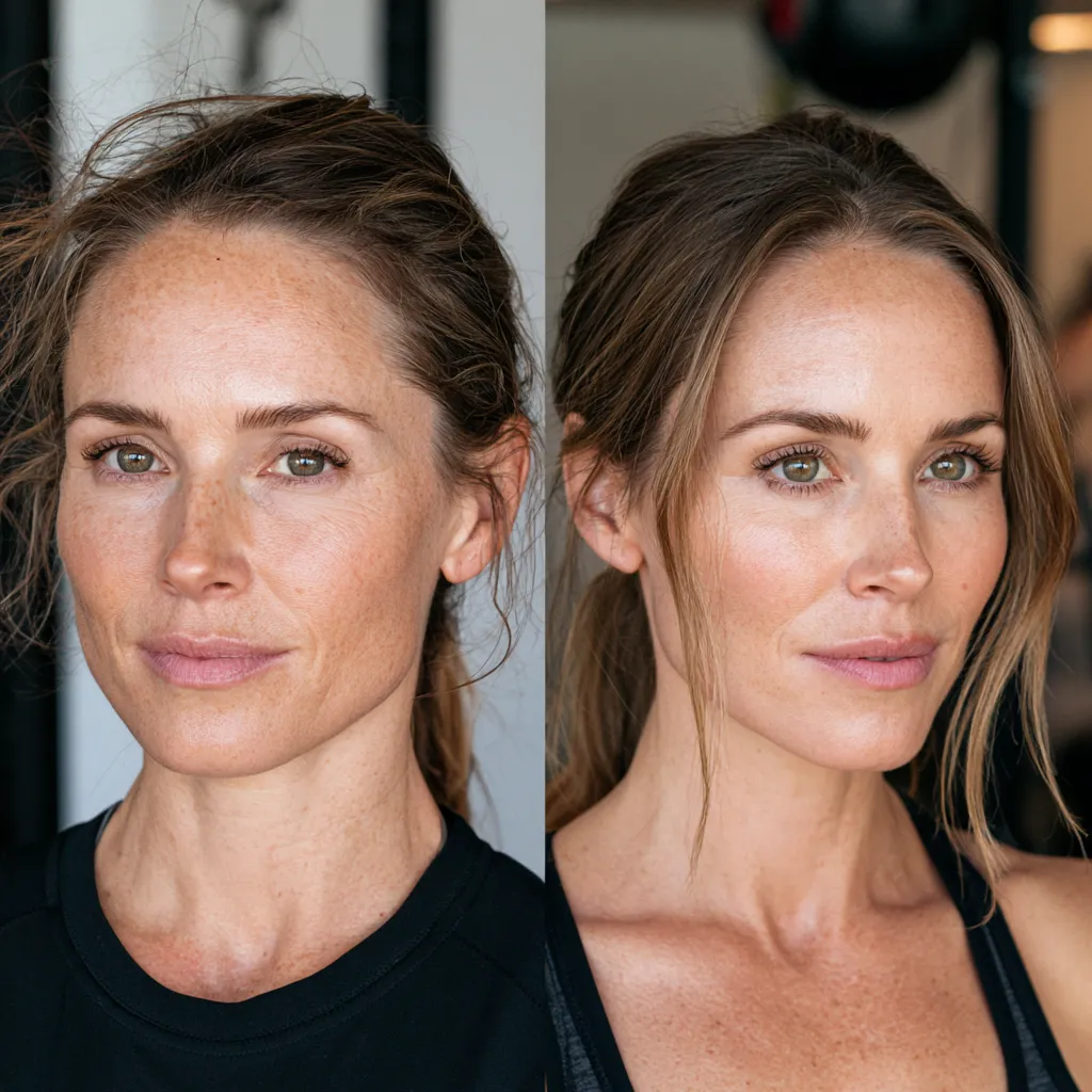 Before and after workout hairstyle comparison for fine hair, elastic dent vs no-dent ponytail