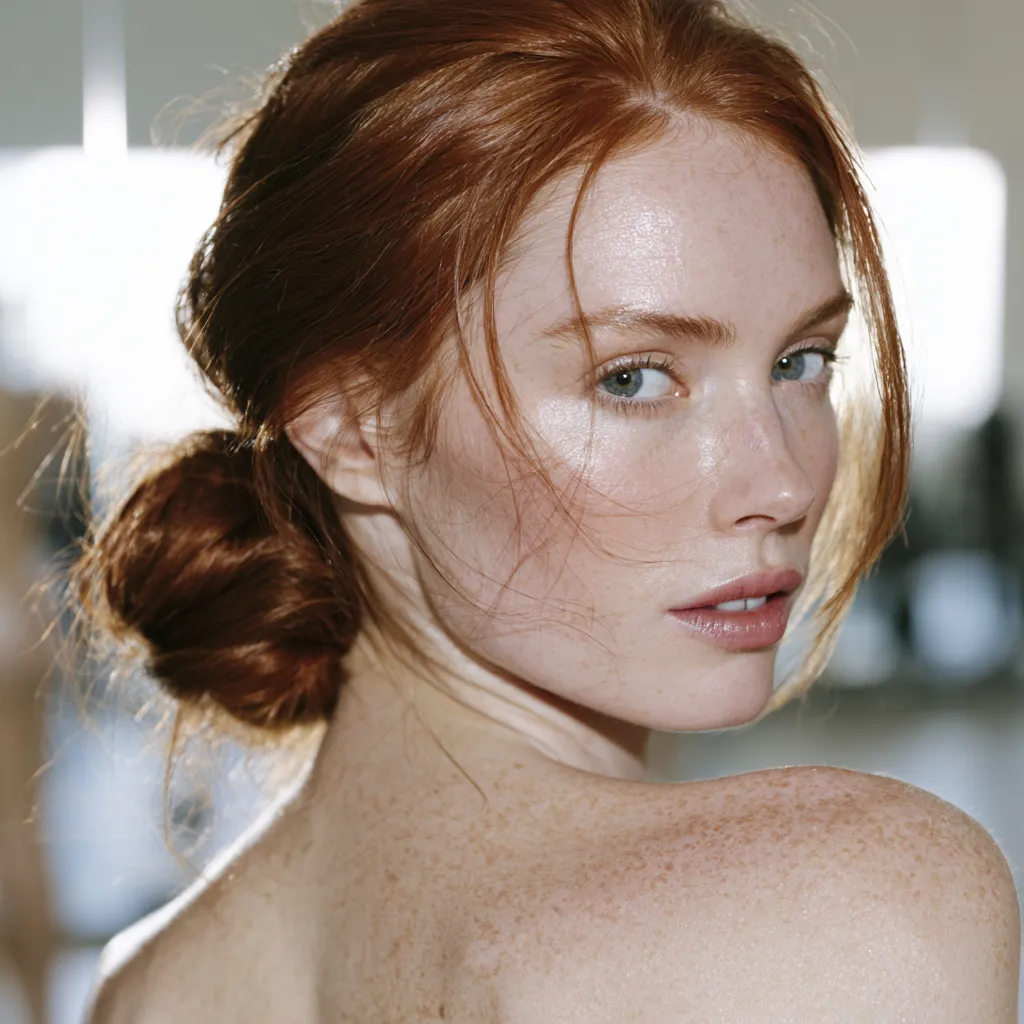 Gym low bun hairstyle that doesn't leave dents in fine thin hair, auburn close-up