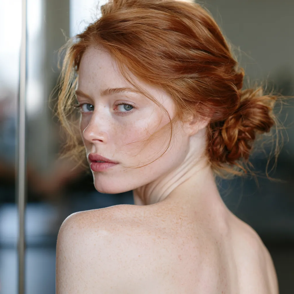 Fine auburn hair in loose twisted low bun gym hairstyle with no dents or creases