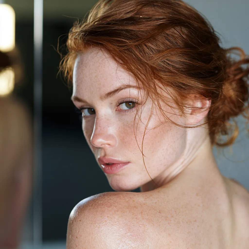 Workout hairstyle for thin fine hair that prevents creases, auburn low bun portrait