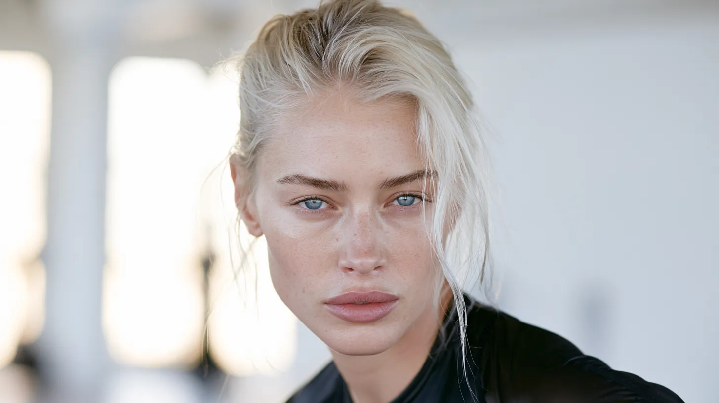 Woman with fine platinum blonde hair in low bun workout hairstyle, no dents or creases