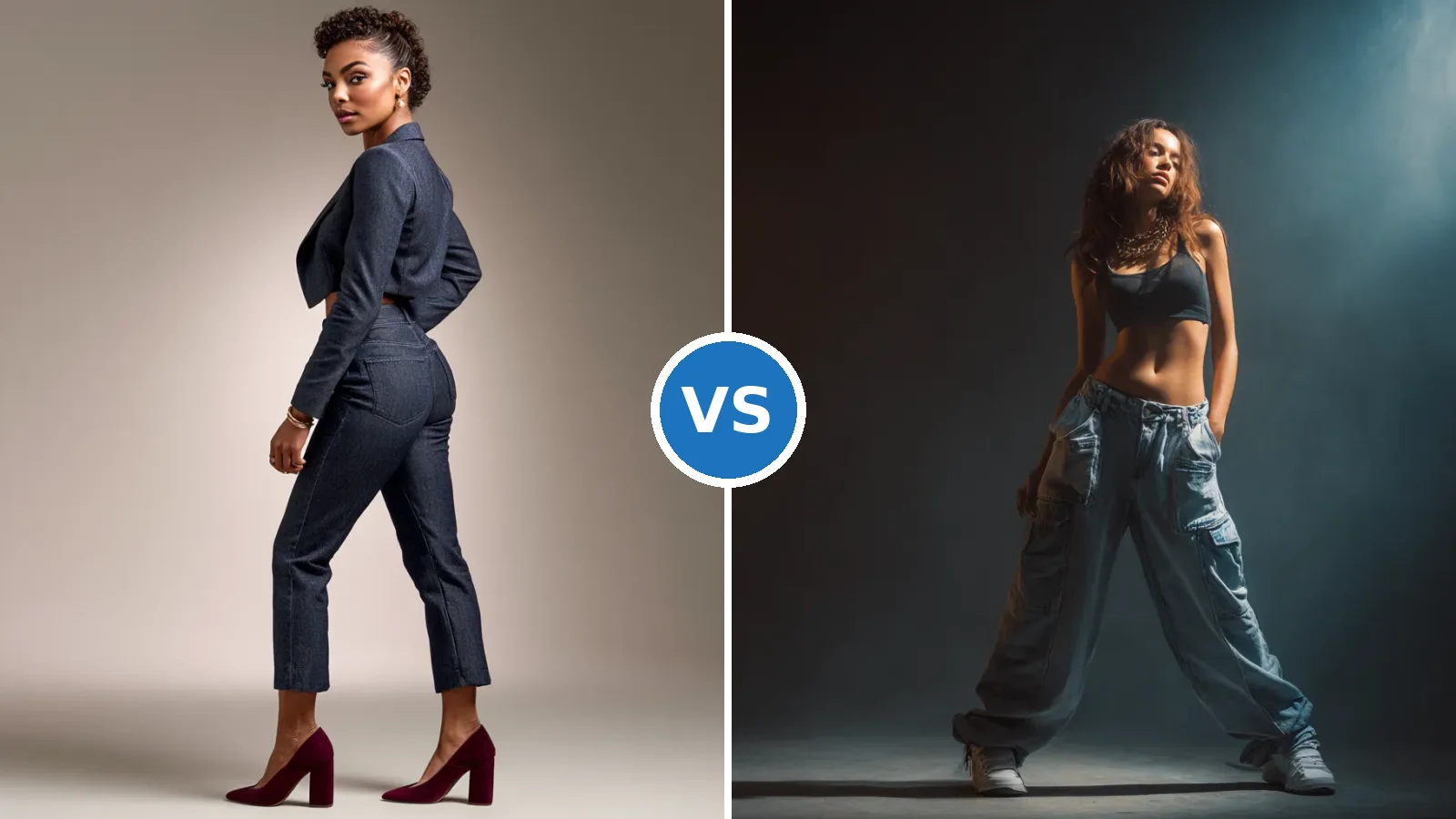 Side-by-side comparison of barrel vs baggy jeans silhouettes on two different body types