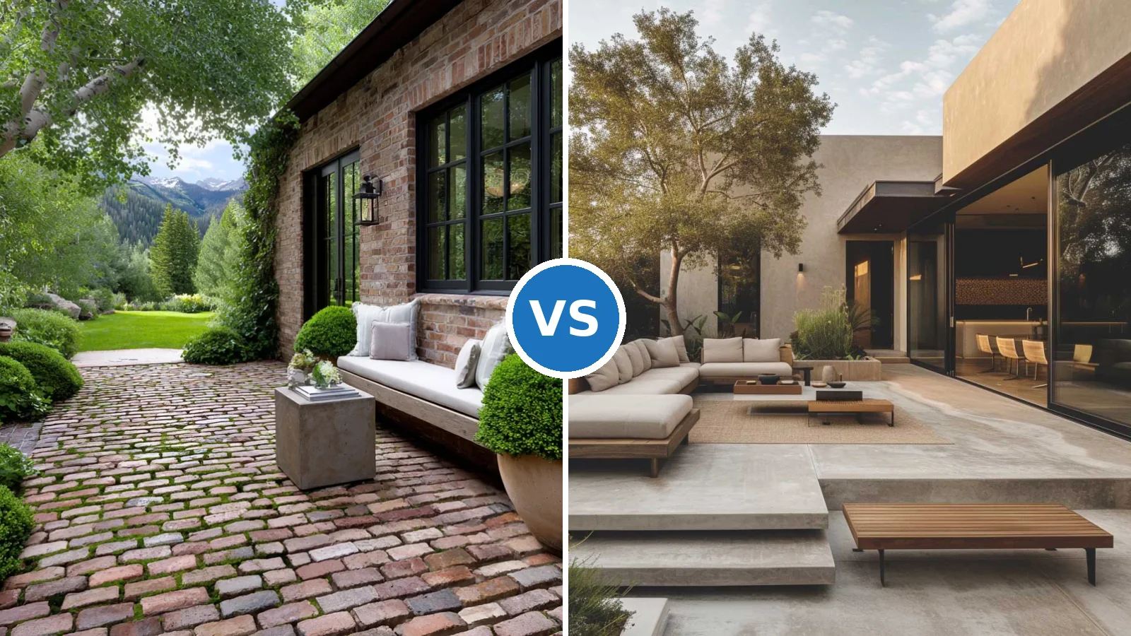 Side-by-side comparison of warm red brick patio and minimalist grey concrete slab patio with outdoor furniture