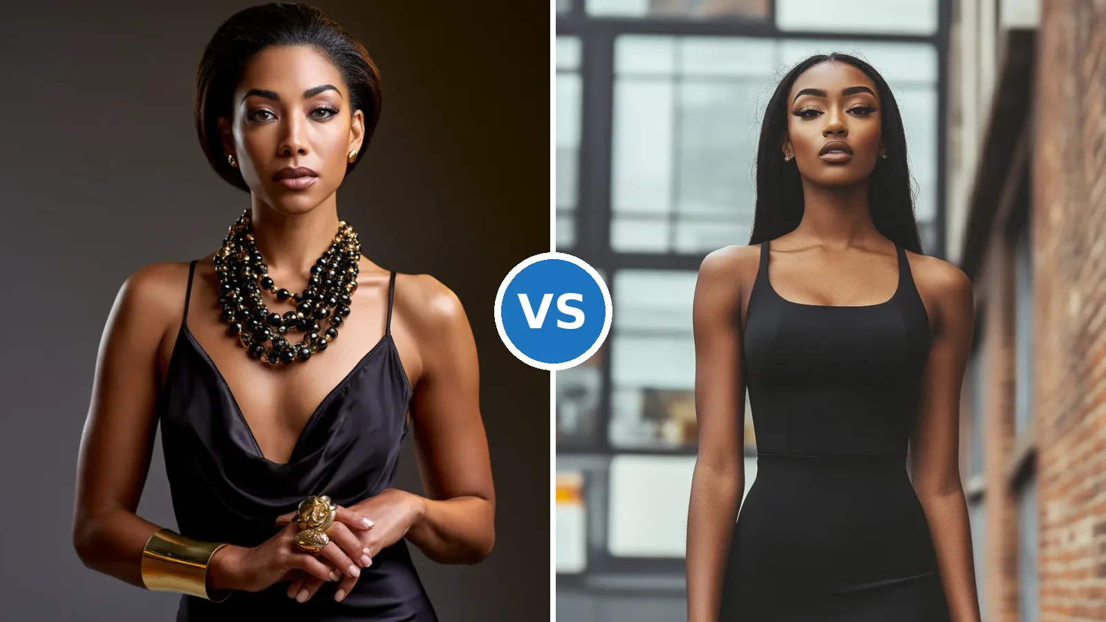 Side-by-side comparison of chunky gold cuff bracelet and statement necklace next to fitted midi bodycon dress outfit